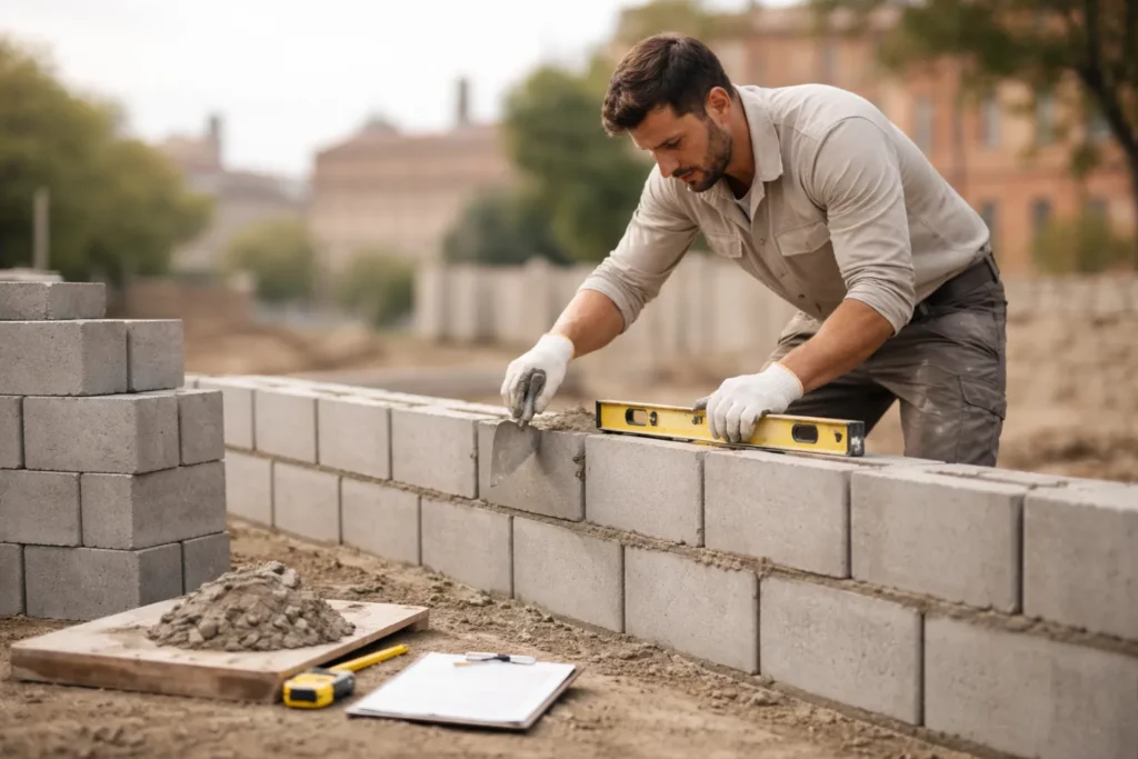Maçon à Toulouse posant des parpaings au mortier avec une truelle et un niveau sur un chantier, avec matériaux de maçonnerie au premier plan pour illustrer les prix et devis de travaux.