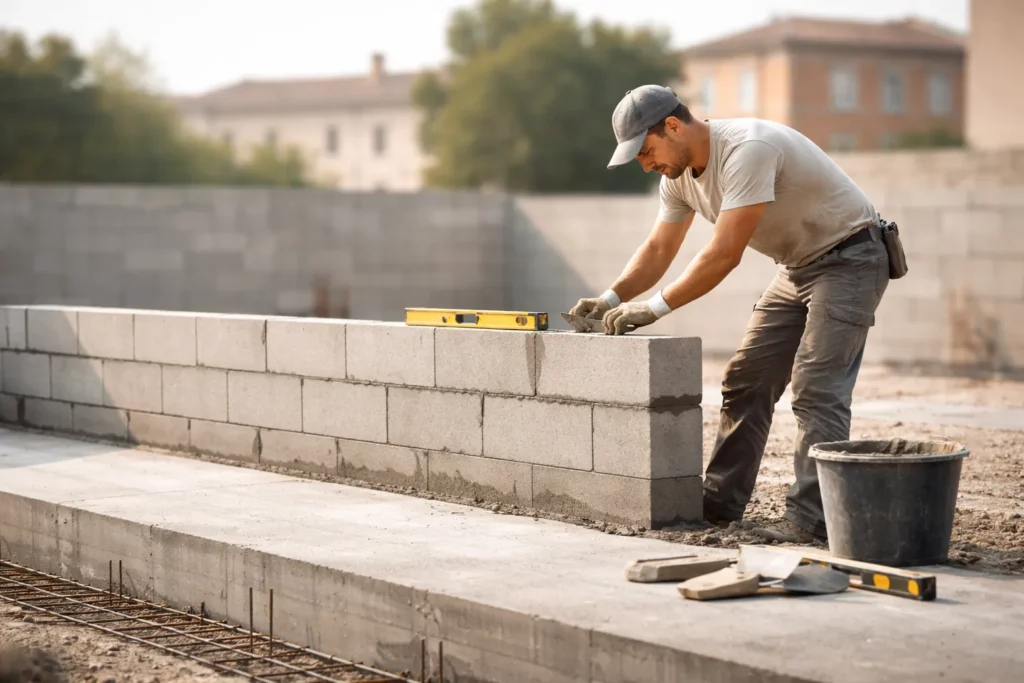 Maçon posant des parpaings sur un chantier de construction à Toulouse avec dalle béton et fondations visibles en arrière-plan, éclairage naturel et rendu réaliste.