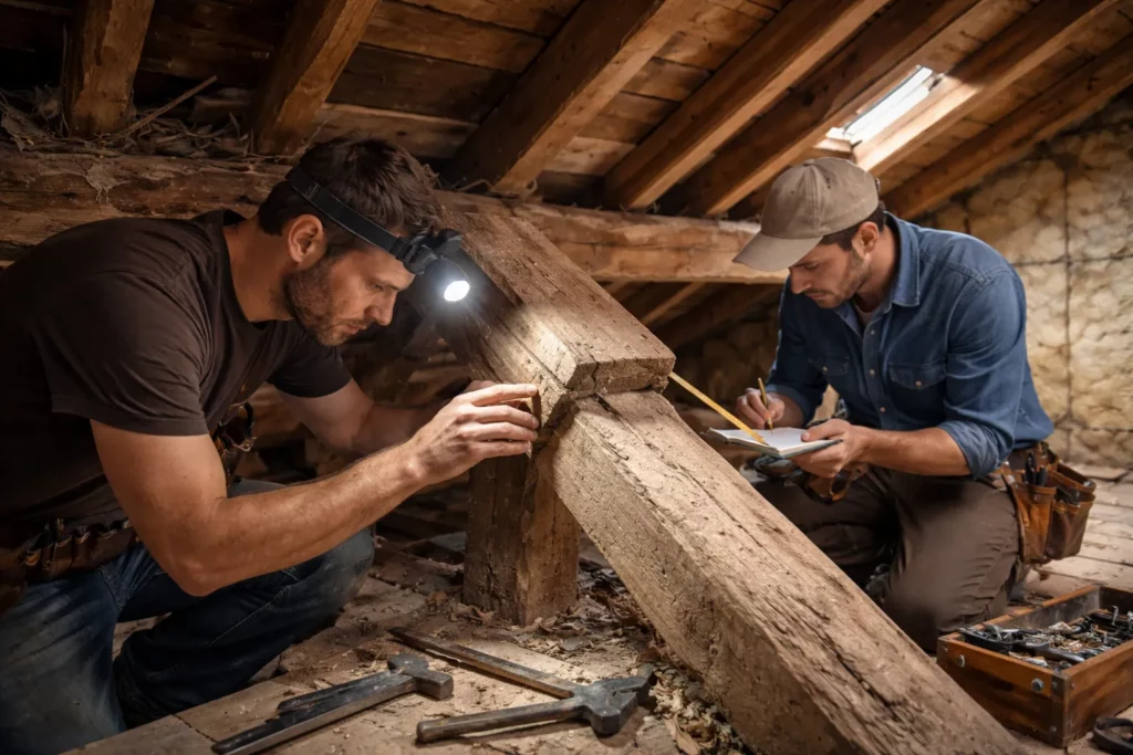 Charpentier Auzeville-Tolosane réalisant un diagnostic de charpente dans des combles, contrôlant un assemblage bois et notant des mesures.