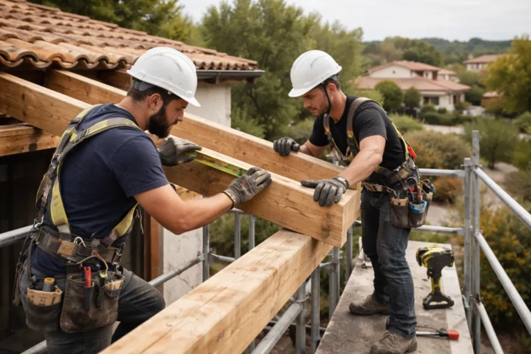 Charpentier Auzeville-Tolosane intervenant sur une charpente traditionnelle en bois sur une maison toulousaine, sous lumière naturelle.