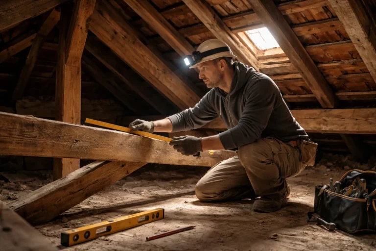 Charpentier Donneville inspectant une charpente traditionnelle en bois dans des combles d’une maison individuelle en France.