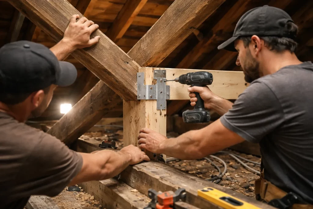 Charpentier Donneville réalisant un renfort sur un chevron avec une équerre métallique et une visseuse dans des combles.