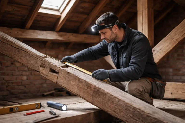 Le Charpentier Frouzins inspecte une charpente traditionnelle dans des combles d’une maison près de Toulouse, lampe frontale et mètre à la main.