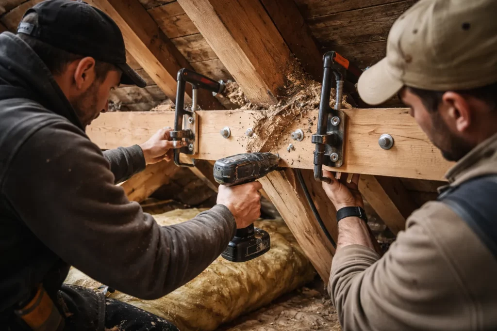 Le Charpentier Frouzins réalise un renfort sur un chevron dans les combles avec serre-joints et visserie, montrant une réparation nette et sécurisée.