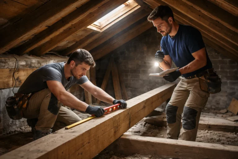 Le Charpentier Pins-Justaret inspecte une charpente en bois sous les combles d’une maison toulousaine avec lampe frontale et mètre, près des pannes et chevrons.