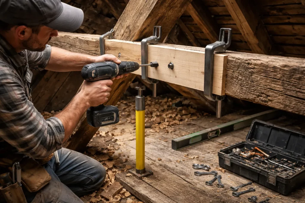 Le Charpentier Pins-Justaret réalise un renfort de charpente en fixant une pièce de bois sur un chevron avec serre-joints et boulons dans des combles.