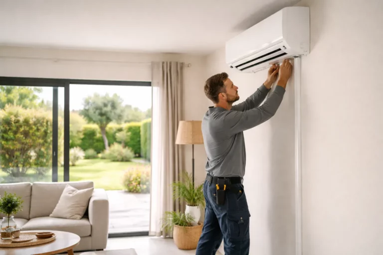 Climatisation Saubens : un technicien installe une unité intérieure murale dans un salon de maison à Saubens.