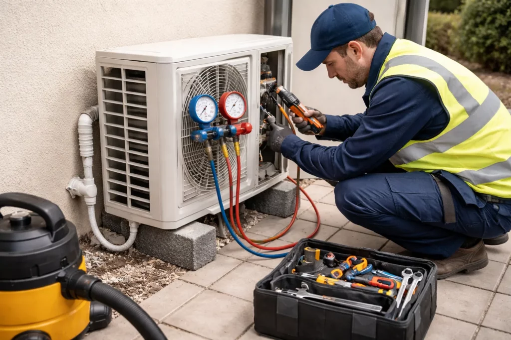 Climatisation Saubens : un technicien effectue l’entretien et le diagnostic d’une unité extérieure avec manomètres et contrôle des condensats.