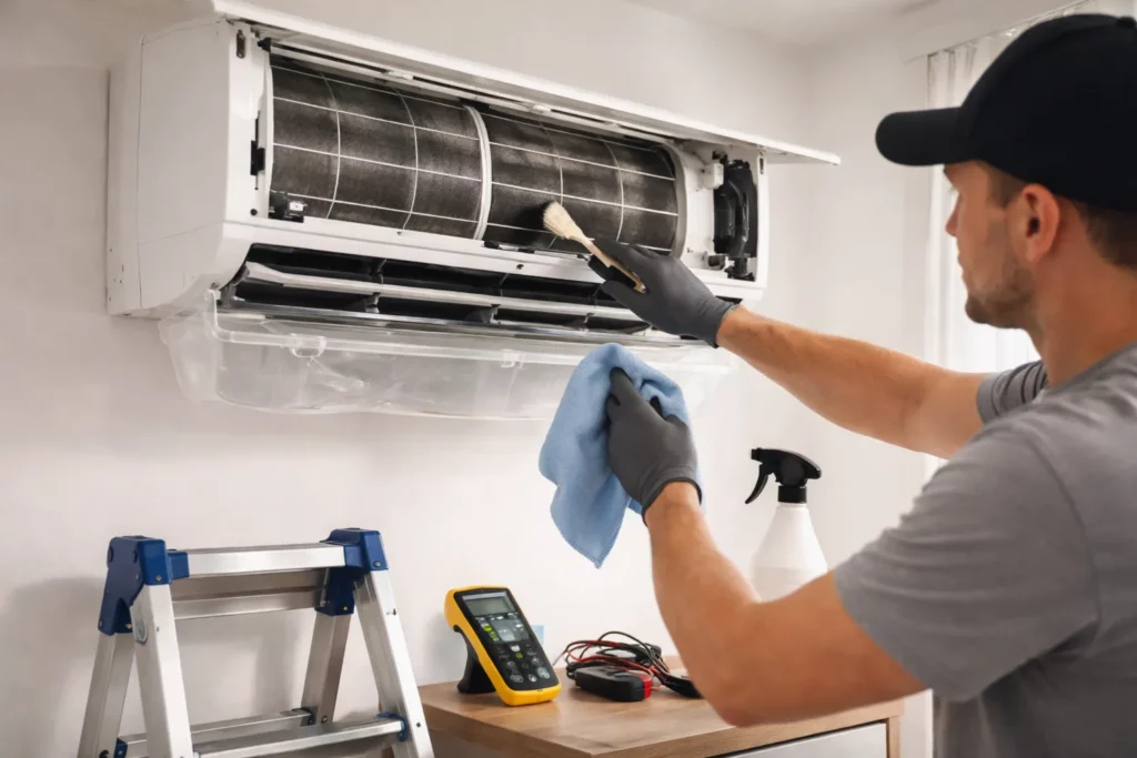 Climatisation Vigoulet-Auzil : un technicien nettoie les filtres et contrôle l’écoulement des condensats sur une unité intérieure ouverte.