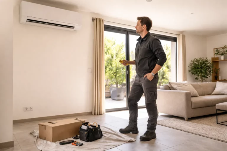 Climatisation Vigoulet-Auzil : un technicien installe une unité intérieure murale dans un salon lumineux d’une maison près de Toulouse.
