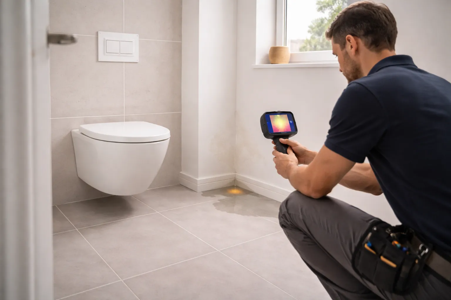 Détection de fuite eau toulouse dans un appartement avec un plombier utilisant une caméra thermique près d’un mur humide.