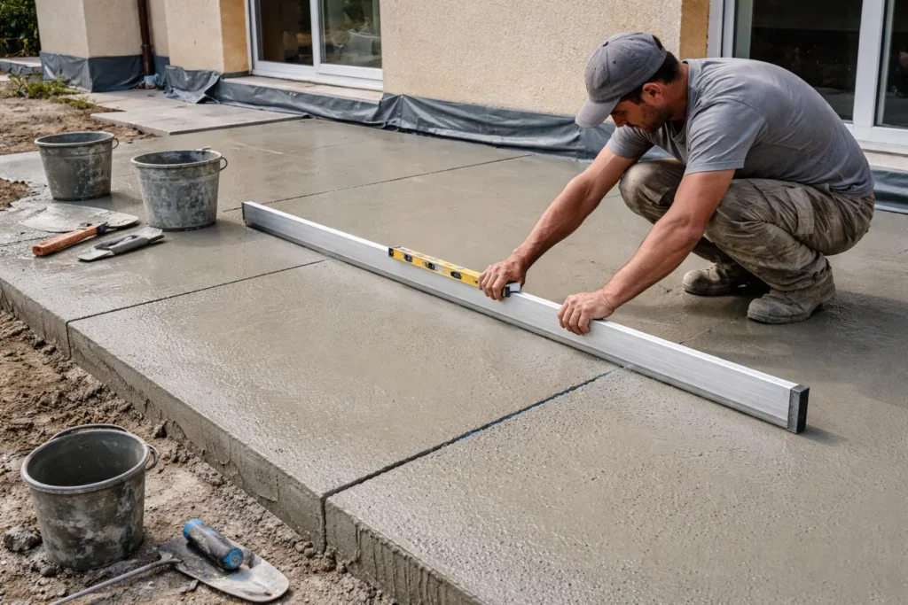 Un Maçon Eaunes tire et règle une chape sur une terrasse en préparation avant pose de revêtement extérieur.