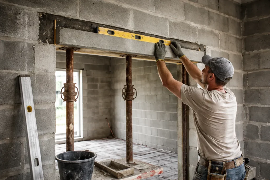 Maçon Frouzins en train de poser un linteau avec étais et contrôle d’aplomb pour une nouvelle ouverture de fenêtre dans un mur en parpaings.