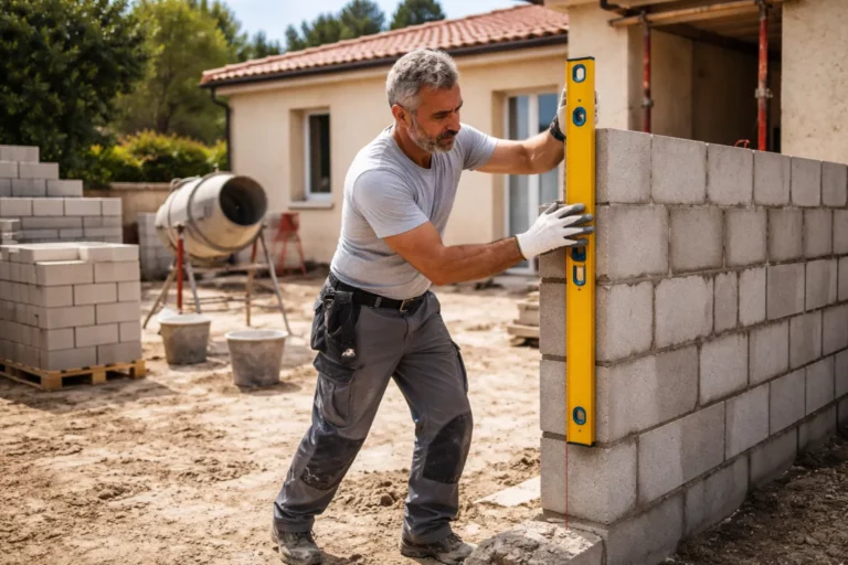 Un Maçon L'Union contrôle l’aplomb d’un mur en parpaings sur un chantier de rénovation d’une maison toulousaine.