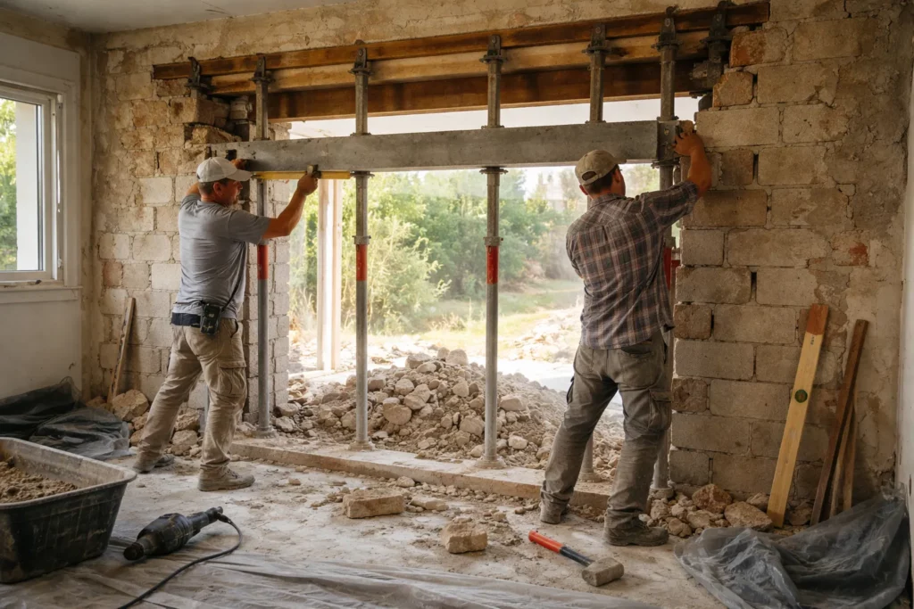 Un Maçon L'Union réalise une ouverture de baie avec étaiement et pose de linteau dans un mur porteur en rénovation.