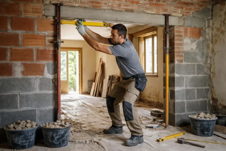 Maçon Labastide-Beauvoir réalisant une ouverture dans un mur porteur d’une maison toulousaine avec étais et linteau en place.