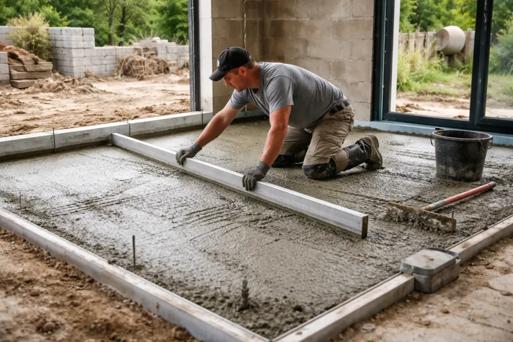 Maçon Labastide-Beauvoir tirant une chape au râteau et à la règle pour obtenir un support parfaitement de niveau avant carrelage.