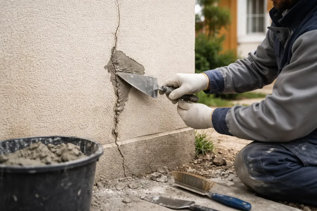 Le Maçon Labège rebouche une fissure sur un mur extérieur en préparant la zone et en appliquant un mortier de réparation.