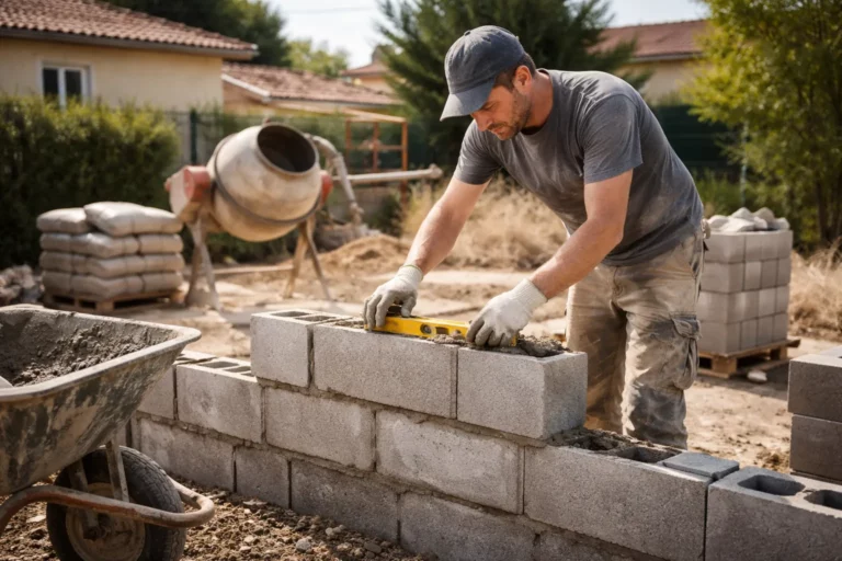 Un Maçon Péchabou travaille sur un chantier de rénovation d’une maison, avec parpaings, mortier et outils de maçonnerie au premier plan.