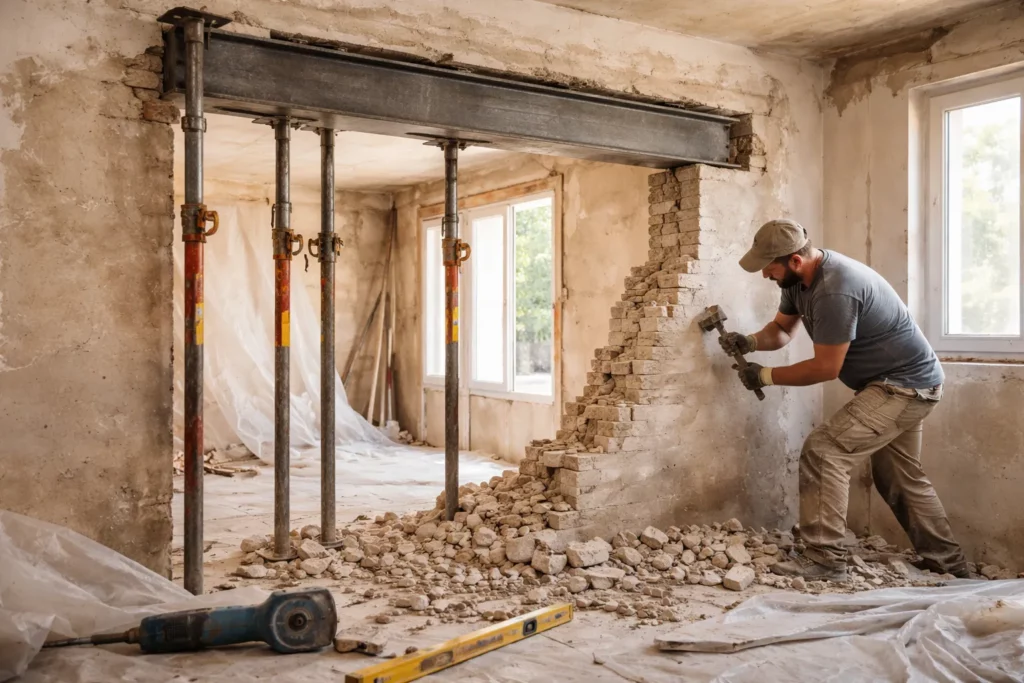 Un Maçon Péchabou réalise une ouverture dans un mur porteur et met en place un linteau avec étaiement de sécurité dans une maison.