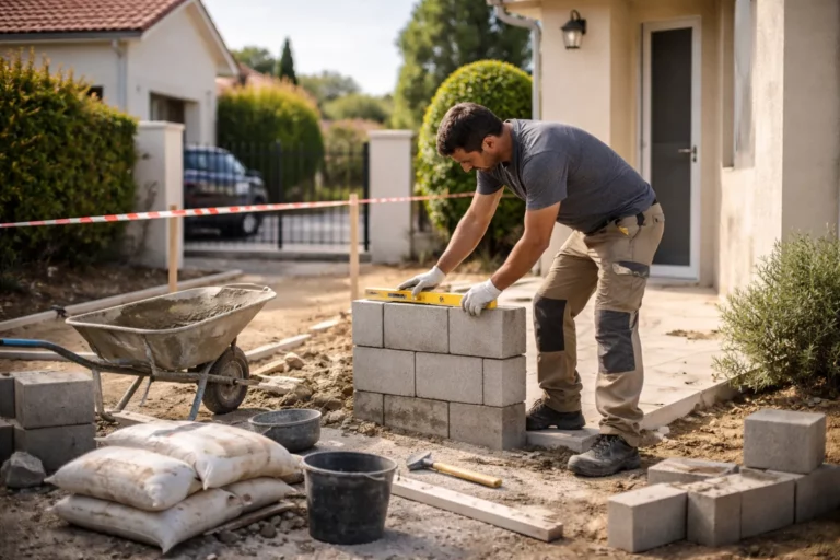 Un Maçon Saint-Orens-de-Gameville réalise des travaux de maçonnerie devant une maison individuelle, avec outils et matériaux de chantier en place.