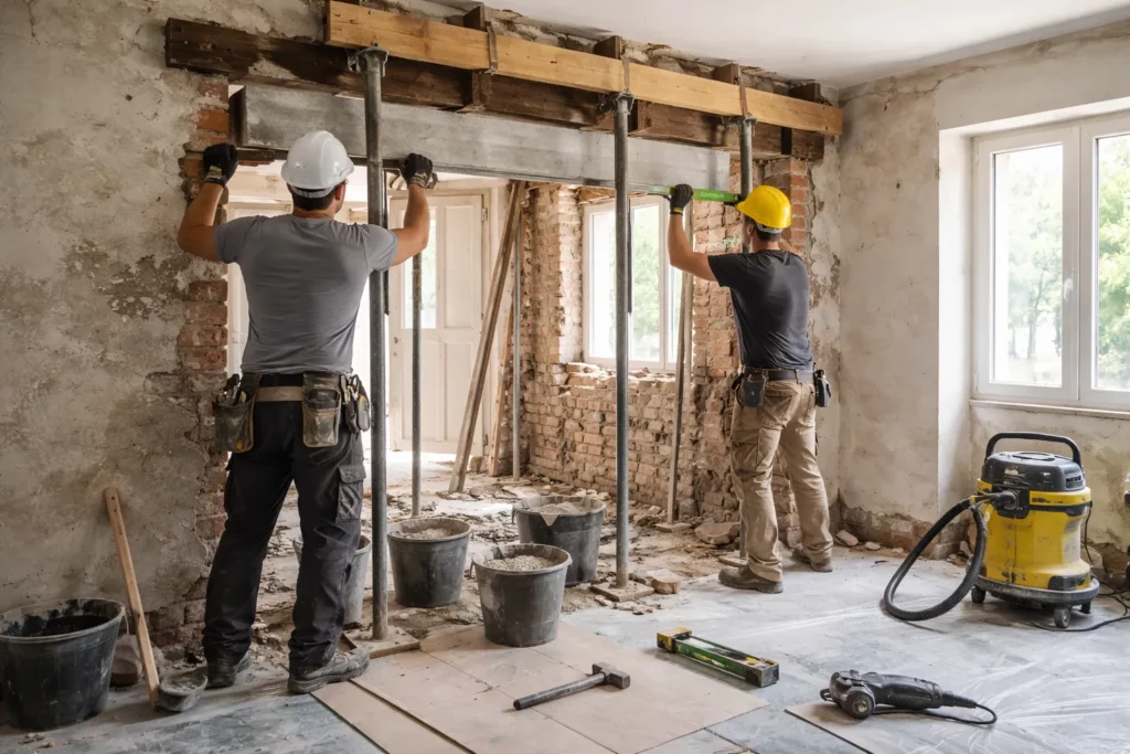 Un Maçon Saint-Orens-de-Gameville crée une ouverture dans un mur porteur avec étaiement et pose d’un linteau, sur un chantier intérieur sécurisé.