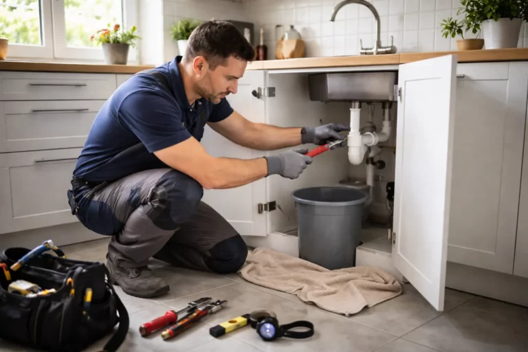 Un Plombier Eaunes inspecte une fuite sous un évier de cuisine dans une maison individuelle, avec outils et chiffon de protection au sol.