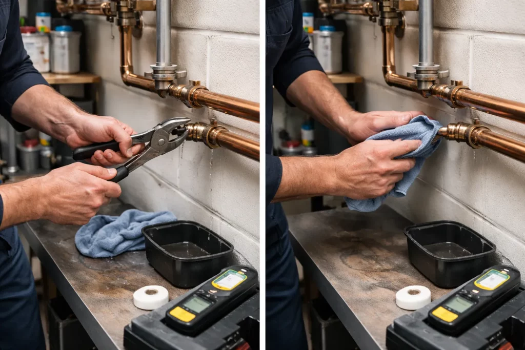 Un Plombier Eaunes répare une fuite sur un raccord de tuyauterie en cuivre avec des outils de plomberie, dans un local technique domestique.
