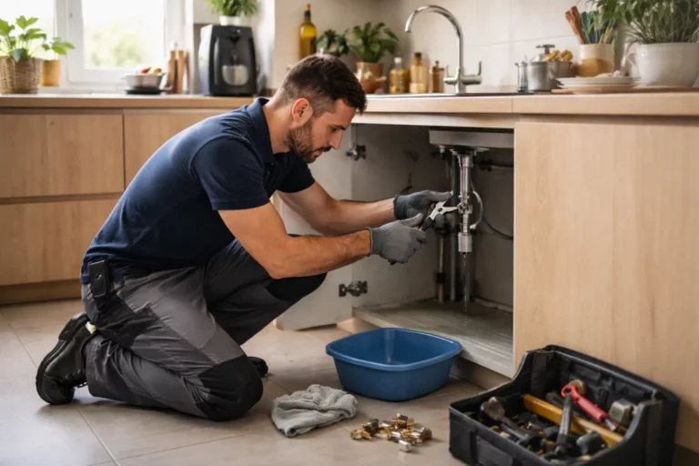 Un Plombier L'Union répare une fuite sous un évier de cuisine dans une maison, avec ses outils posés au sol.