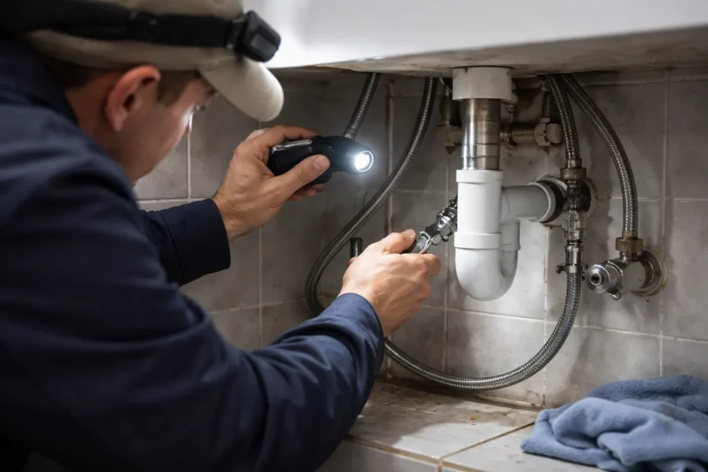 Un Plombier L'Union réalise une recherche de fuite avec une lampe et contrôle les flexibles et l’évacuation sous un lavabo.