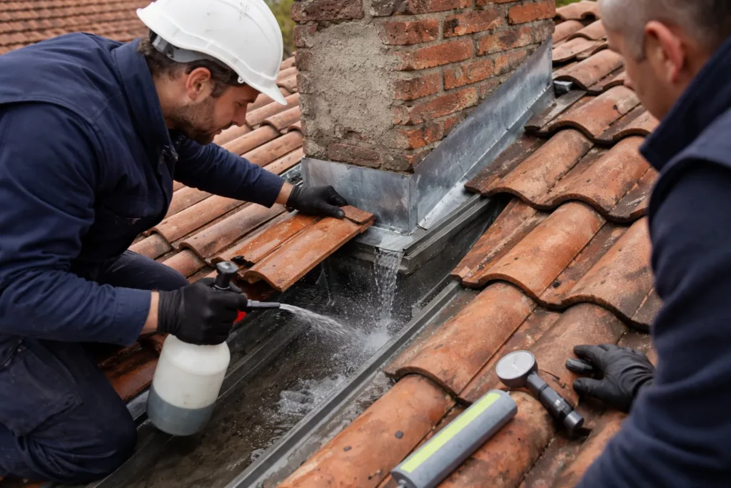 Recherche de fuite Toiture Auzeville-Tolosane montrant un couvreur vérifiant un solin et une noue sur une toiture en tuiles avec test à l’eau.