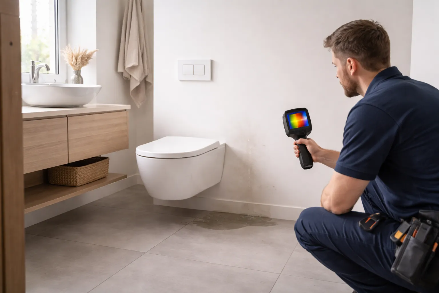 Gros plan d’une fuite eau toulouse sur une canalisation sous évier, repérée lors d’une recherche de fuite avec caméra d’inspection.