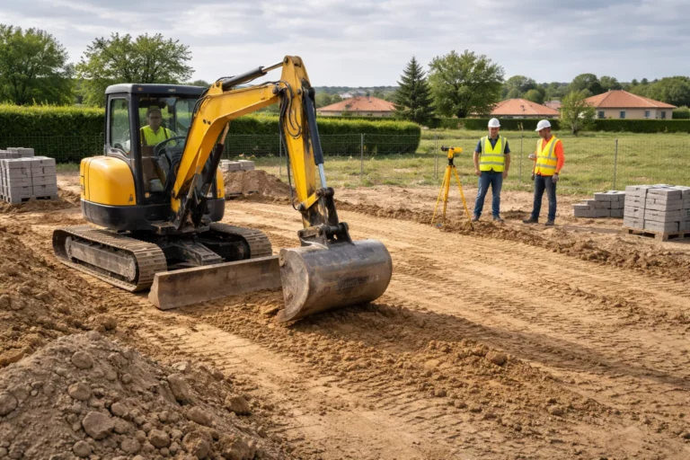 Terrassement Donneville sur une parcelle en périphérie, avec une pelle mécanique nivelant une plateforme devant une maison individuelle en construction.