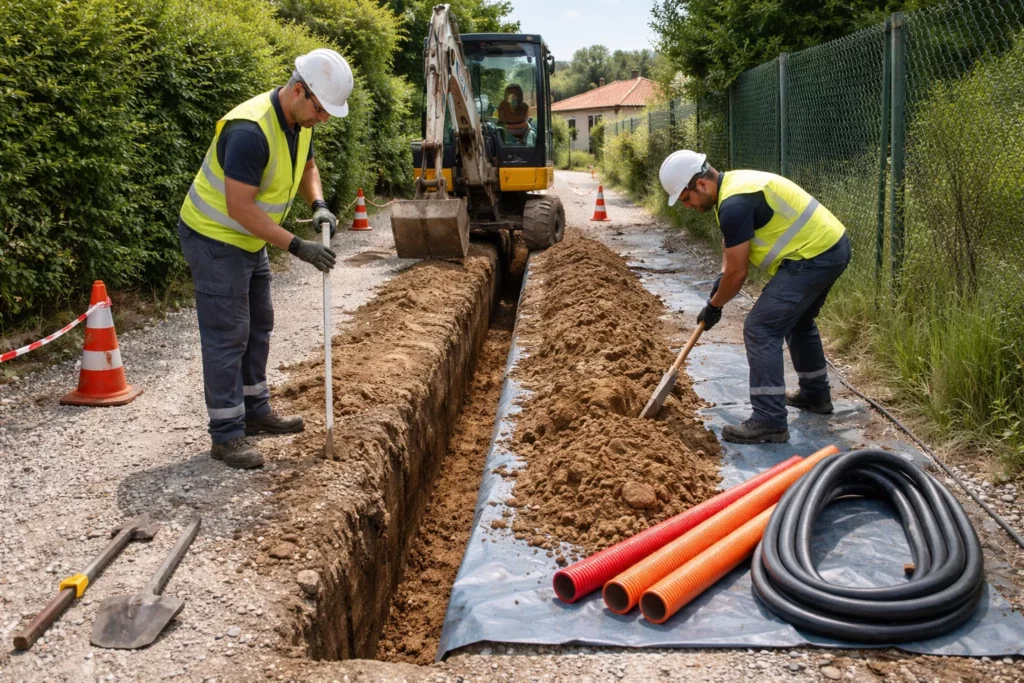 Terrassement Donneville avec ouverture d’une tranchée réseaux le long d’une allée, une mini-pelle creusant pendant qu’un opérateur contrôle la profondeur.