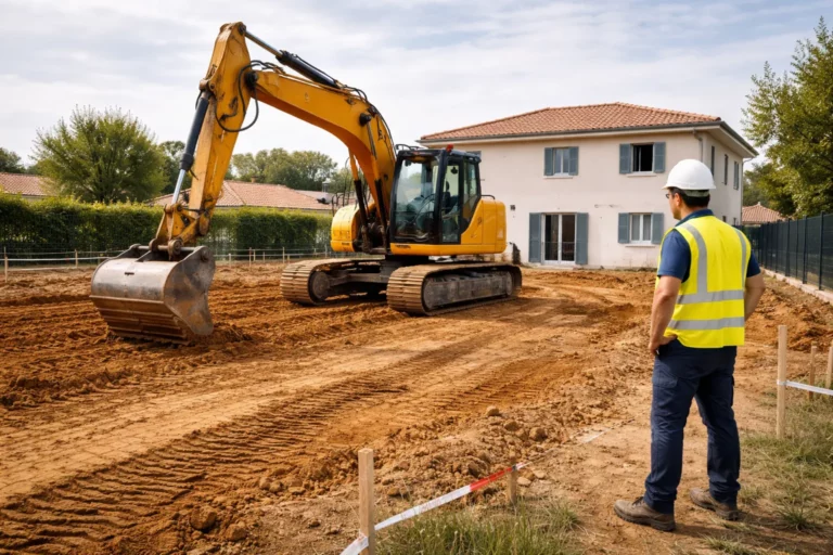 Terrassement Escalquens sur un terrain résidentiel avec pelle mécanique en train de niveler une plateforme, tas de déblais et maison individuelle en arrière-plan.