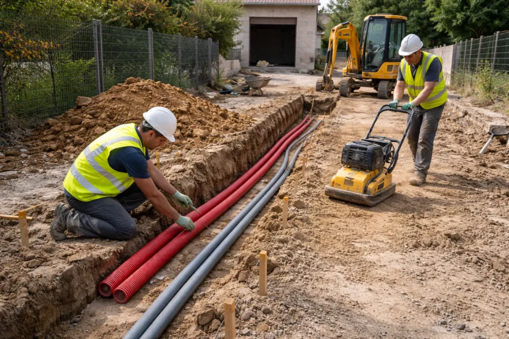 Terrassement Escalquens montrant une tranchée réseaux avec fourreaux posés, puis remblaiement et compactage au compacteur sur un chantier de maison.