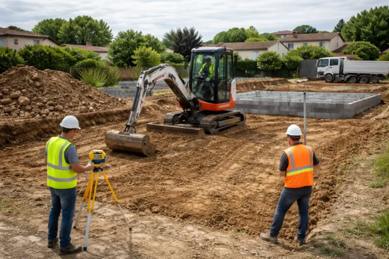 Terrassement Ramonville-Saint-Agne avec une pelle mécanique en train de niveler et préparer une plateforme propre devant une future maison individuelle.