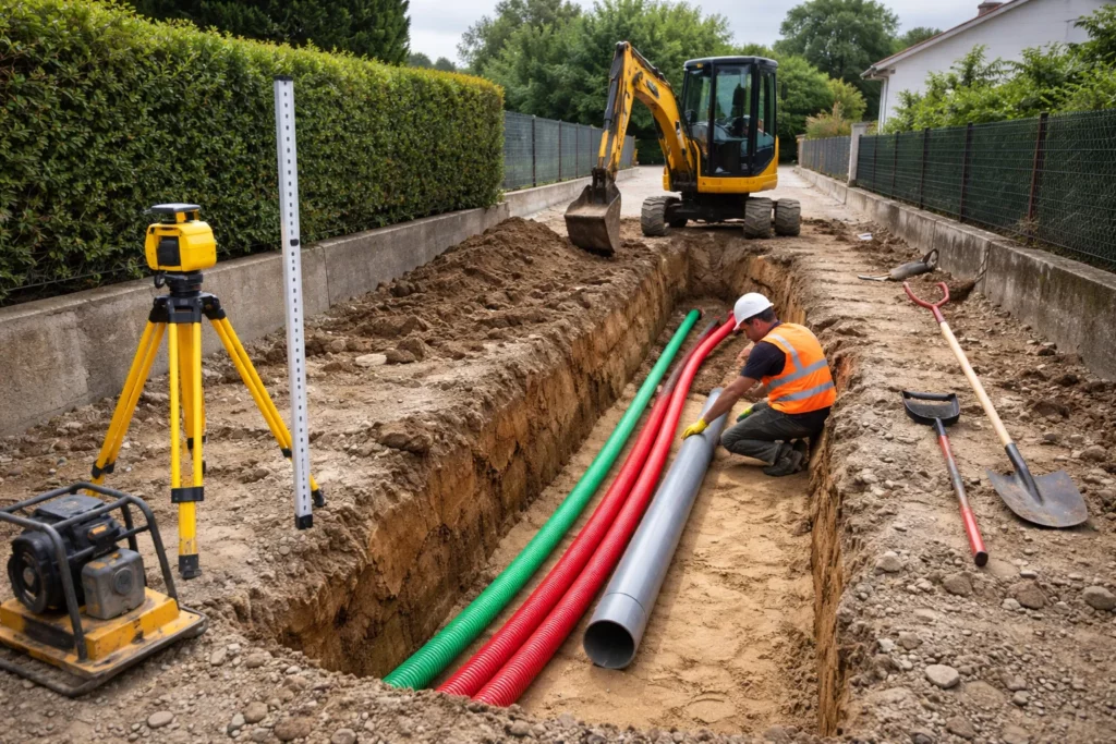 Terrassement Ramonville-Saint-Agne montrant l’ouverture d’une tranchée réseaux avec mini-pelle, gaines visibles au fond et contrôle au laser avant remblaiement.