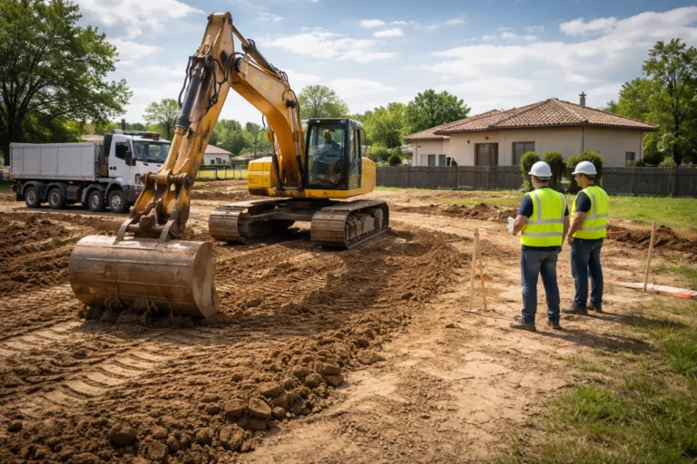 Terrassement Roquettes avec une pelle mécanique nivelant un terrain et un camion-benne en attente sur un chantier de maison individuelle.