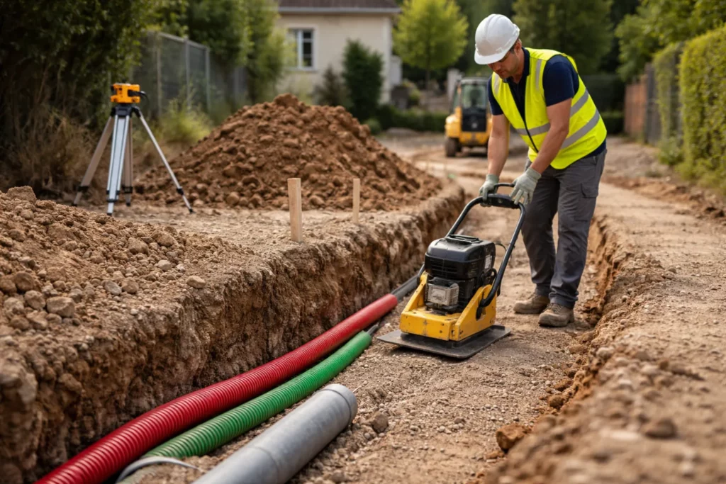 Terrassement Roquettes montrant une tranchée réseaux ouverte avec gaines posées et un compacteur plaque utilisé par un ouvrier pour remblayer par couches.