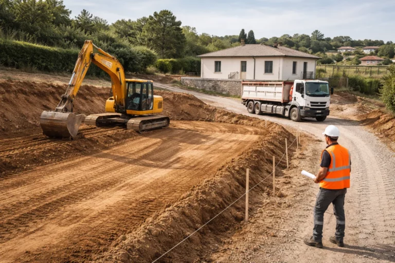 Terrassement Vieille-Toulouse avec une pelle mécanique réalisant un décaissement et nivellement devant une maison individuelle en construction.