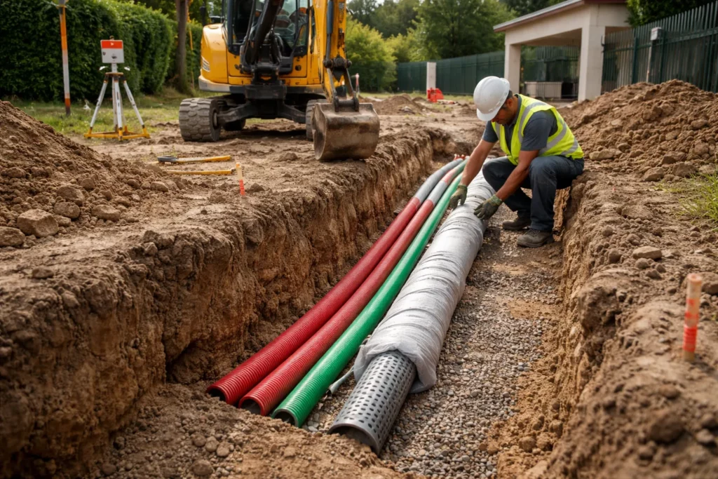 Terrassement Vieille-Toulouse montrant l’ouverture d’une tranchée réseaux avec pose de gaines et lit de gravier pour drainage sur un terrain résidentiel.