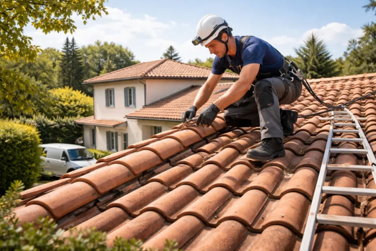 Toiture Auzeville-Tolosane avec un artisan couvreur inspectant une couverture en tuiles sur une maison individuelle près de Toulouse.