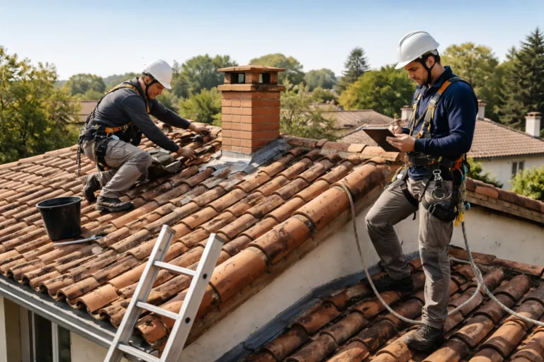 Toiture Labège : deux couvreurs contrôlent une toiture en tuiles canal sur une maison à Labège avec harnais et échelle.