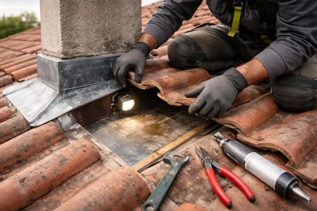 Toiture Labège : un couvreur effectue une recherche de fuite en soulevant des tuiles près d’un solin et en vérifiant l’étanchéité.