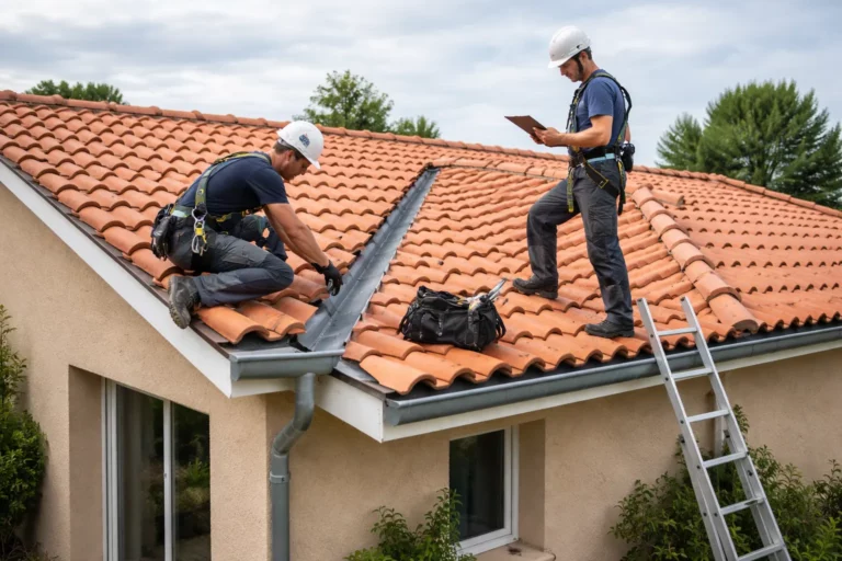 Toiture Roquettes : deux couvreurs inspectent une toiture en tuiles rouges sur une maison individuelle à Roquettes sous lumière naturelle.