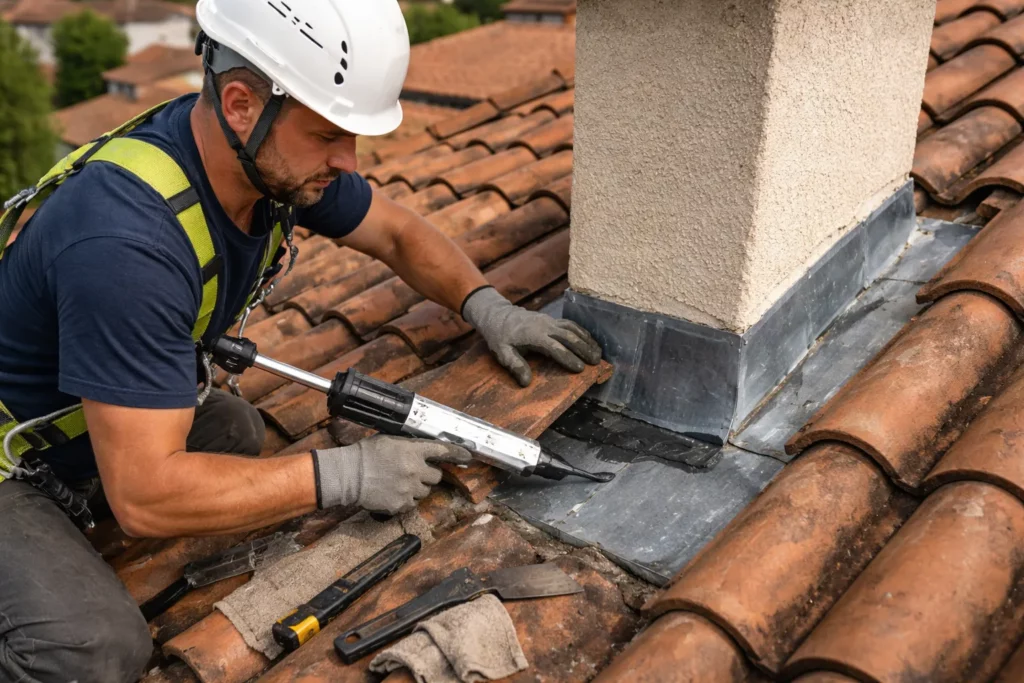Toiture Roquettes : un couvreur réalise une reprise d’étanchéité sur un solin en zinc autour d’une cheminée pour stopper une infiltration.