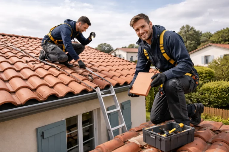Toiture Seysses : un couvreur inspecte une toiture en tuiles d’une maison à Seysses avec harnais et outils, sous lumière naturelle.