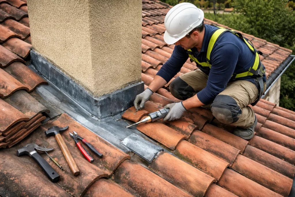Toiture Seysses : un couvreur réalise une recherche de fuite et remplace une tuile cassée près d’un solin de cheminée.