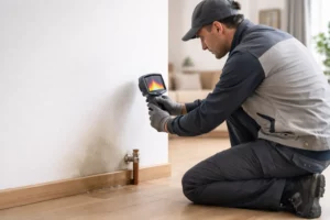 Plombier à Toulouse utilisant une caméra thermique pour détecter une fuite d’eau derrière un mur dans un appartement moderne, avec traces d’humidité près de la plinthe.